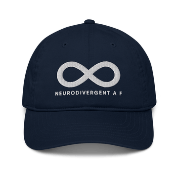 This is a photo of a dark pacific blue Neurodivergent AF organic baseball cap. In the middle of the front of the baseball cap is an elegant sold white infinity symbol. Just below the infinity symbol is the word Neurodivergent AF in elegant upper case white letters.