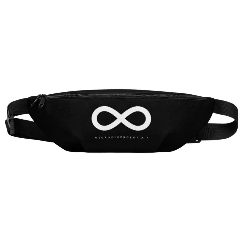 This is a photo of a black Neurodivergent AF waist bag. On the front of the waist bag is an thick white infinity symbol consisting. Just below the symbol is the word 'Neurodivergent AF' in elegant upper case white letters.
