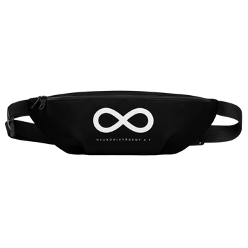 This is a photo of a black Neurodivergent AF waist bag. On the front of the waist bag is an thick white infinity symbol consisting. Just below the symbol is the word 'Neurodivergent AF' in elegant upper case white letters.