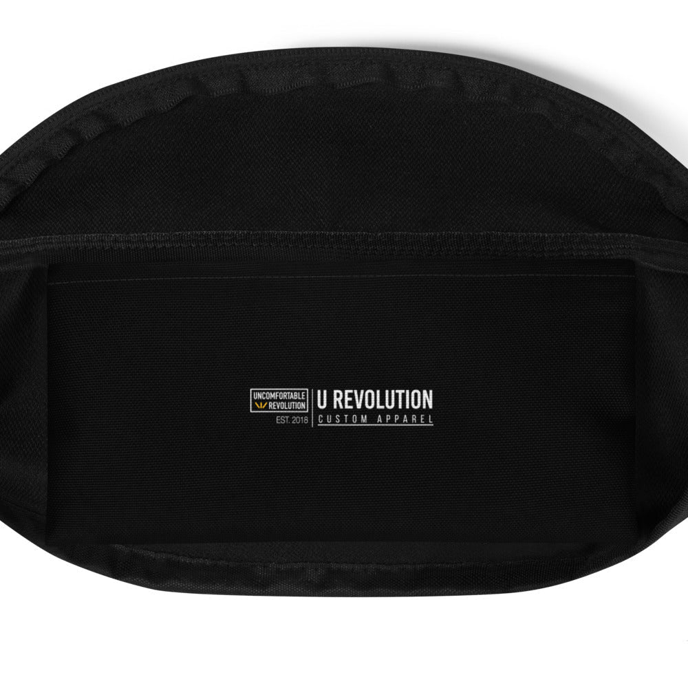 This is a photo of the bottom of a black Neurodivergent AF waist pack showing the URevolution logo.