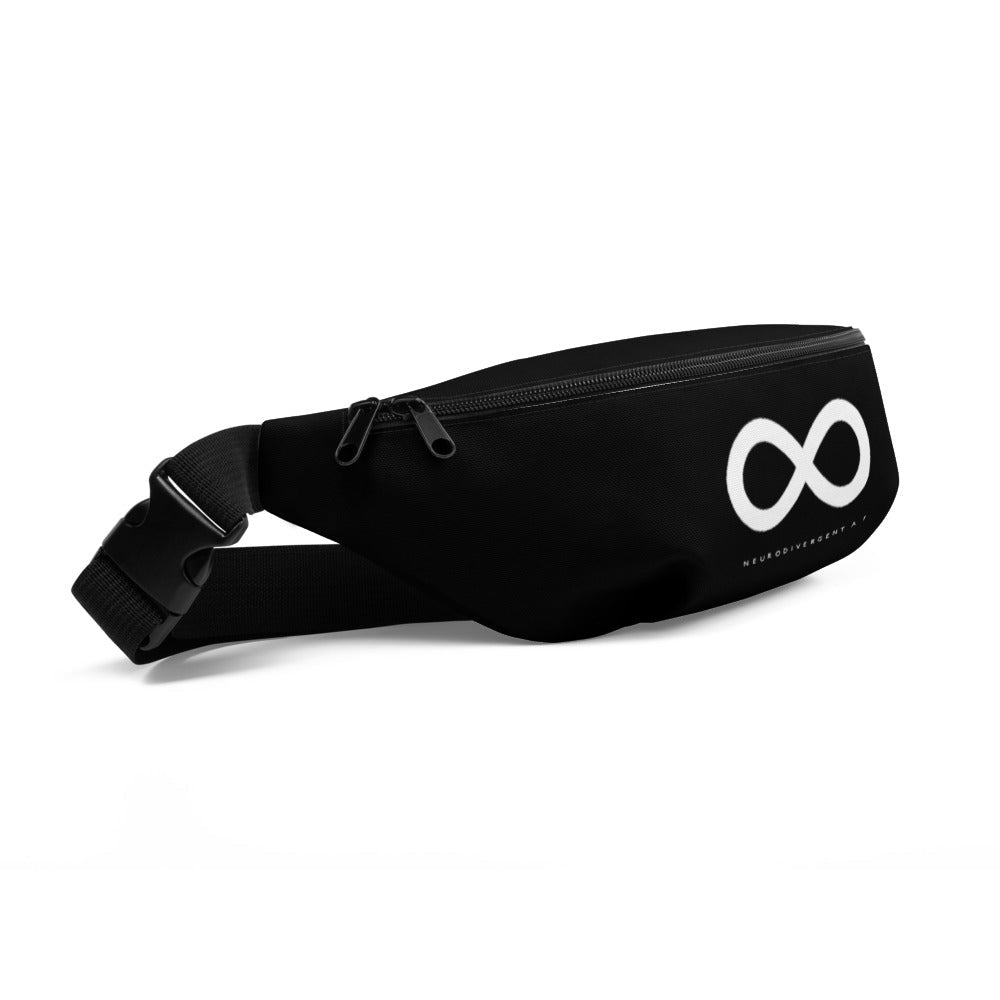 This is a photo of a black Neurodivergent As Fuck fanny pack. On the front of the waist bag is an thick white infinity symbol consisting. Just below the symbol is the word 'Neurodivergent AF' in elegant upper case white letters.