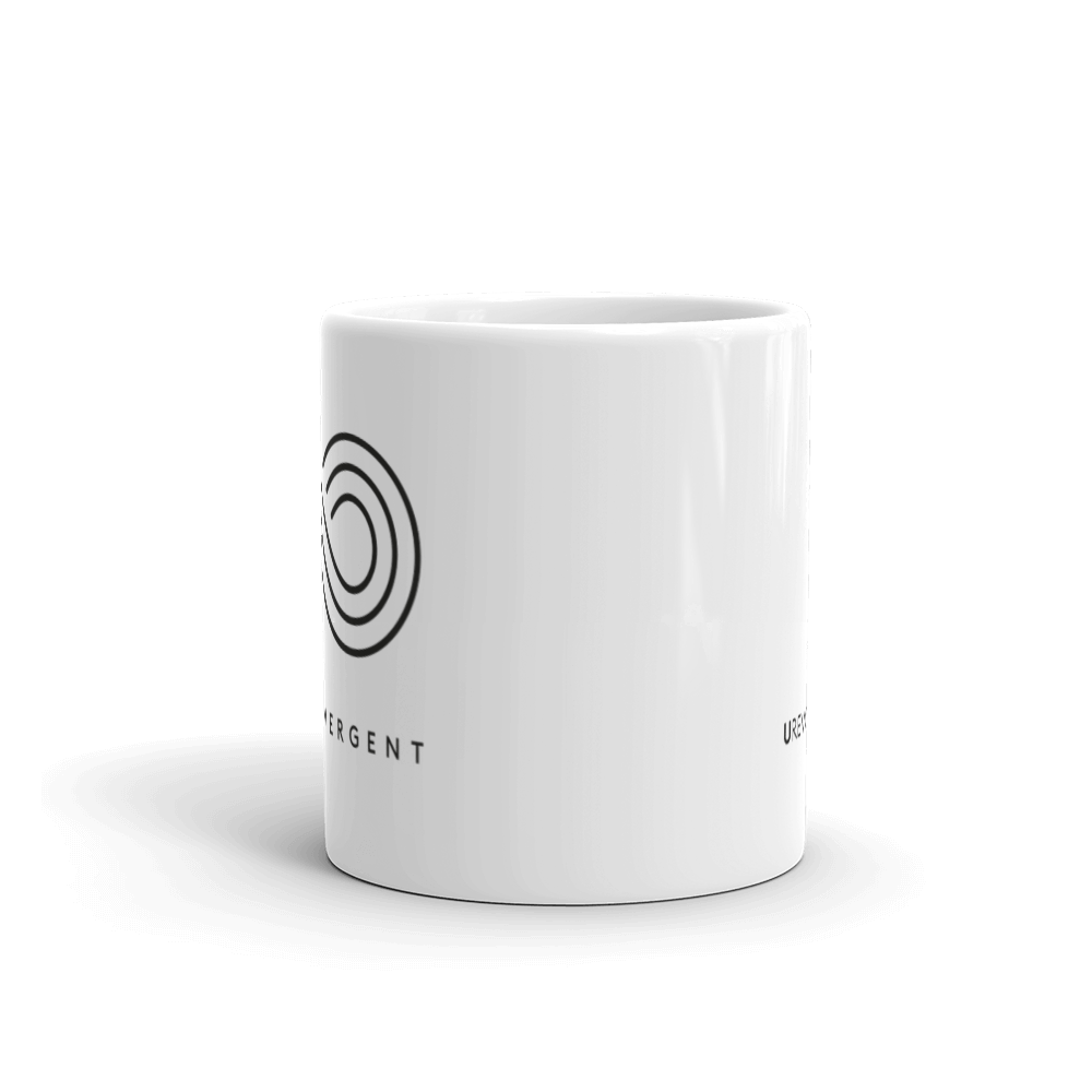 Neurodivergent Mug . In the middle of the tee is an elegant black infinity symbol consisting of three thin black lines. Just below the infinity symbol is the word Neurodivergent in elegant upper case black letters.