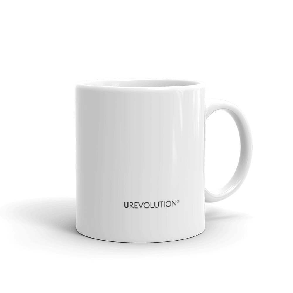 On the back of the mug is the word UREVOLUTION in small black upper case letters.
