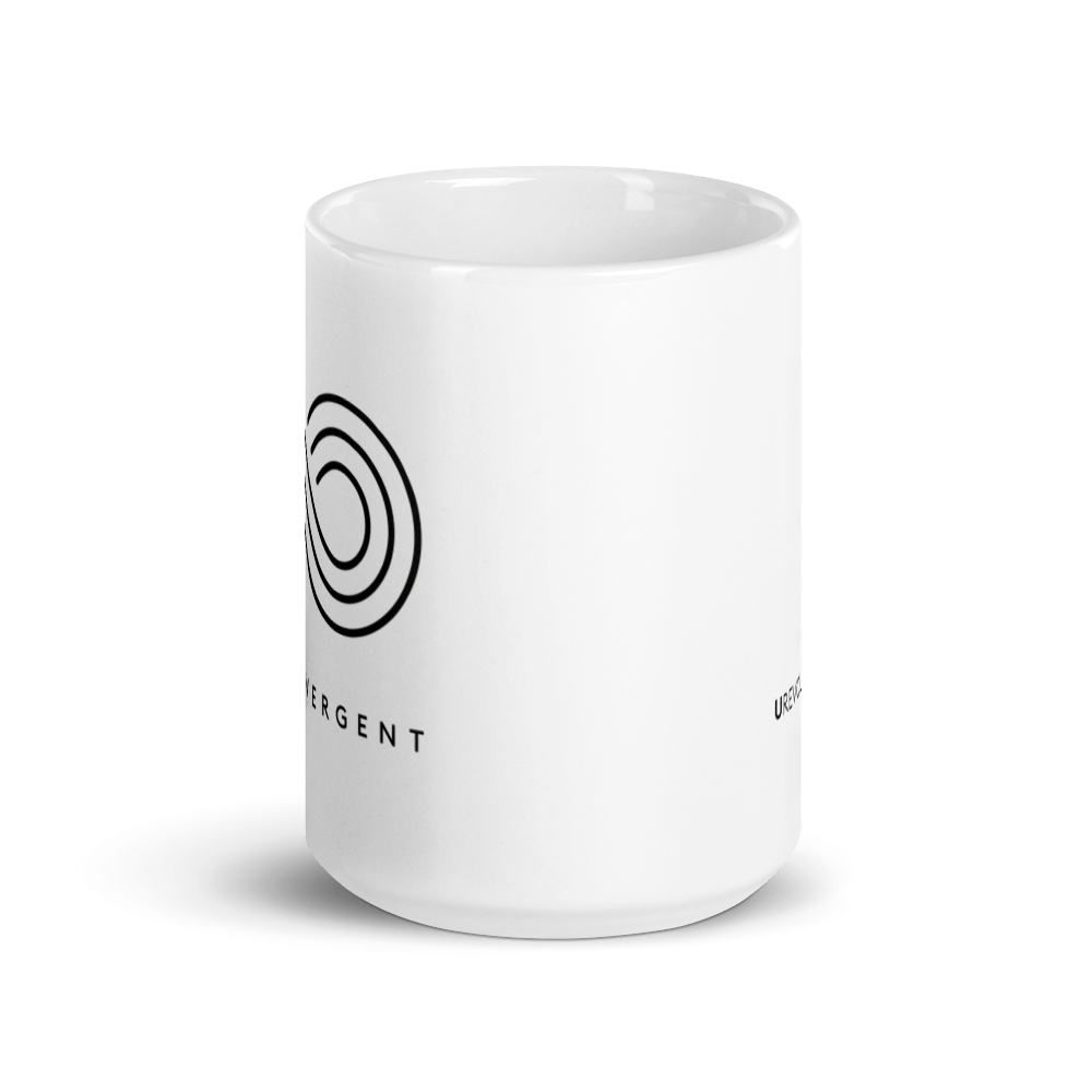 Neurodivergent Mug . In the middle of the tee is an elegant black infinity symbol consisting of three thin black lines. Just below the infinity symbol is the word Neurodivergent in elegant upper case black letters.