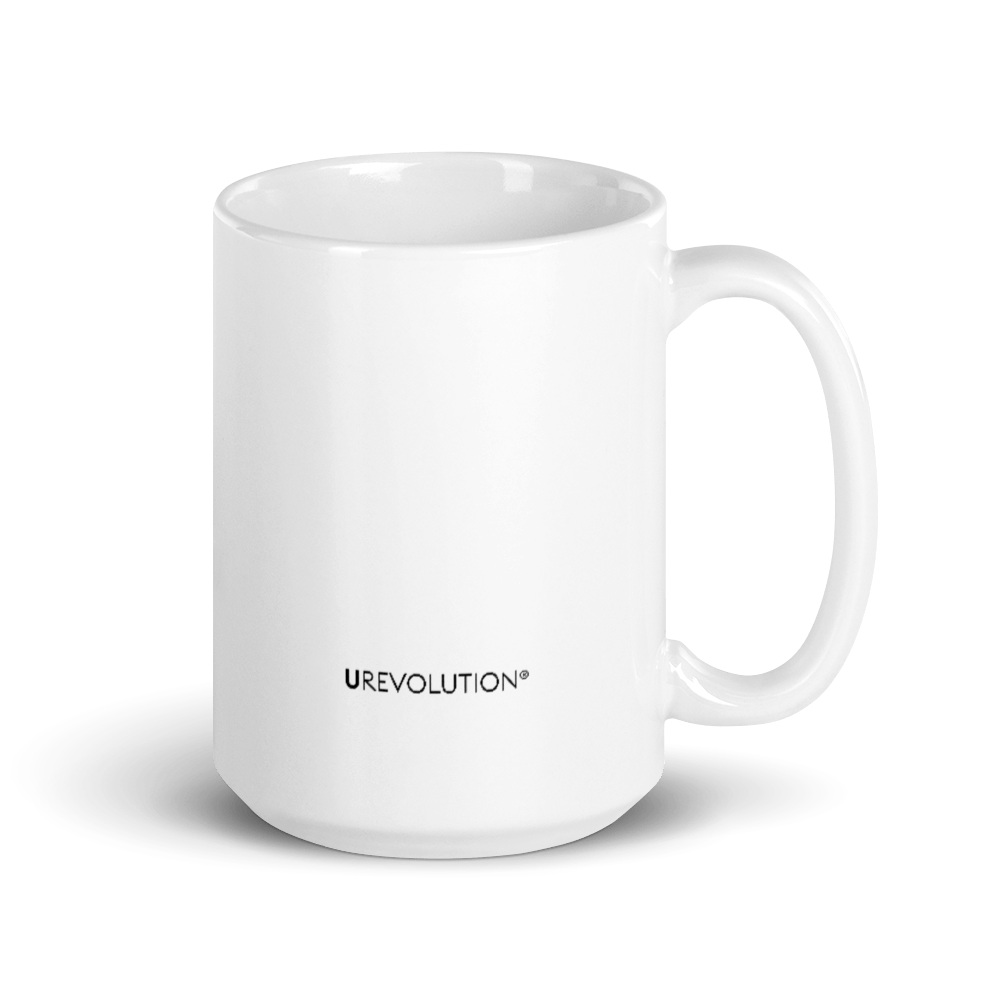 On the back of the mug is the word UREVOLUTION in small black upper case letters.