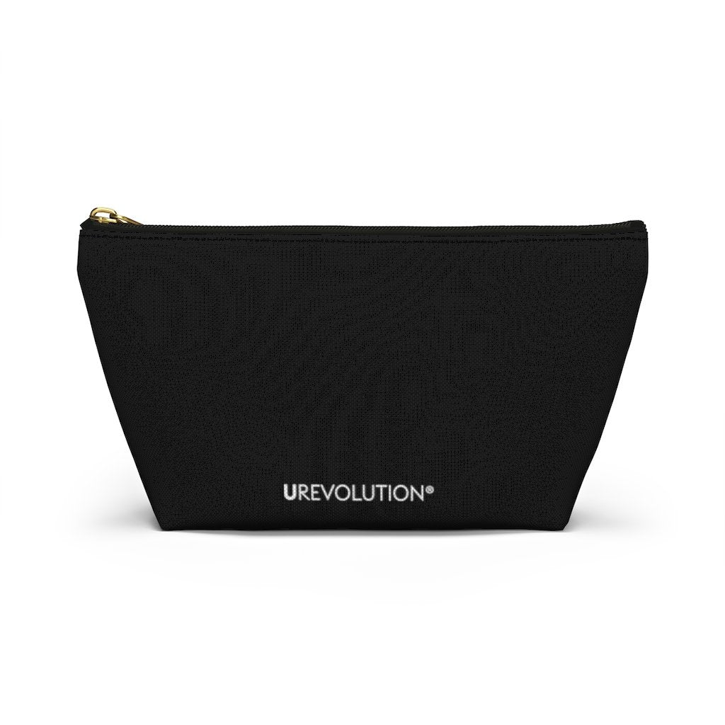 Rear photo of a Neurodivergent pouch. On one side of the black pouch is a large white infinity symbol. Under the symbol is the phrase, 'Neurodivergent A F' in upper case letters. On the other side of the pouch at the middle bottom is the brand name, URevolution, in small upper case letters. The pouch has a black zipper and gold closure tab.
