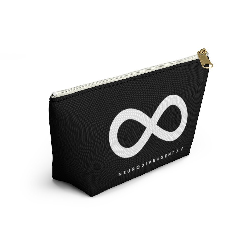 Side photo of a Neurodivergent pouch. On one side of the black pouch is a large white infinity symbol. Under the symbol is the phrase, 'Neurodivergent A F' in upper case letters. On the other side of the pouch at the middle bottom is the brand name, URevolution, in small upper case letters. The pouch has a white zipper and gold closure tab.