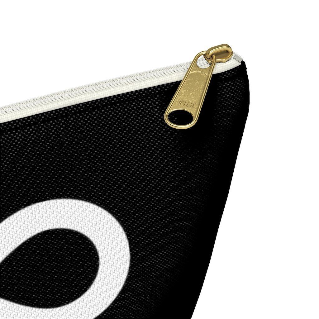 Close up photo of a Neurodivergent pouch. On one side of the black pouch is a large white infinity symbol. Under the symbol is the phrase, 'Neurodivergent A F' in upper case letters. On the other side of the pouch at the middle bottom is the brand name, URevolution, in small upper case letters. The pouch has a white zipper and gold closure tab.