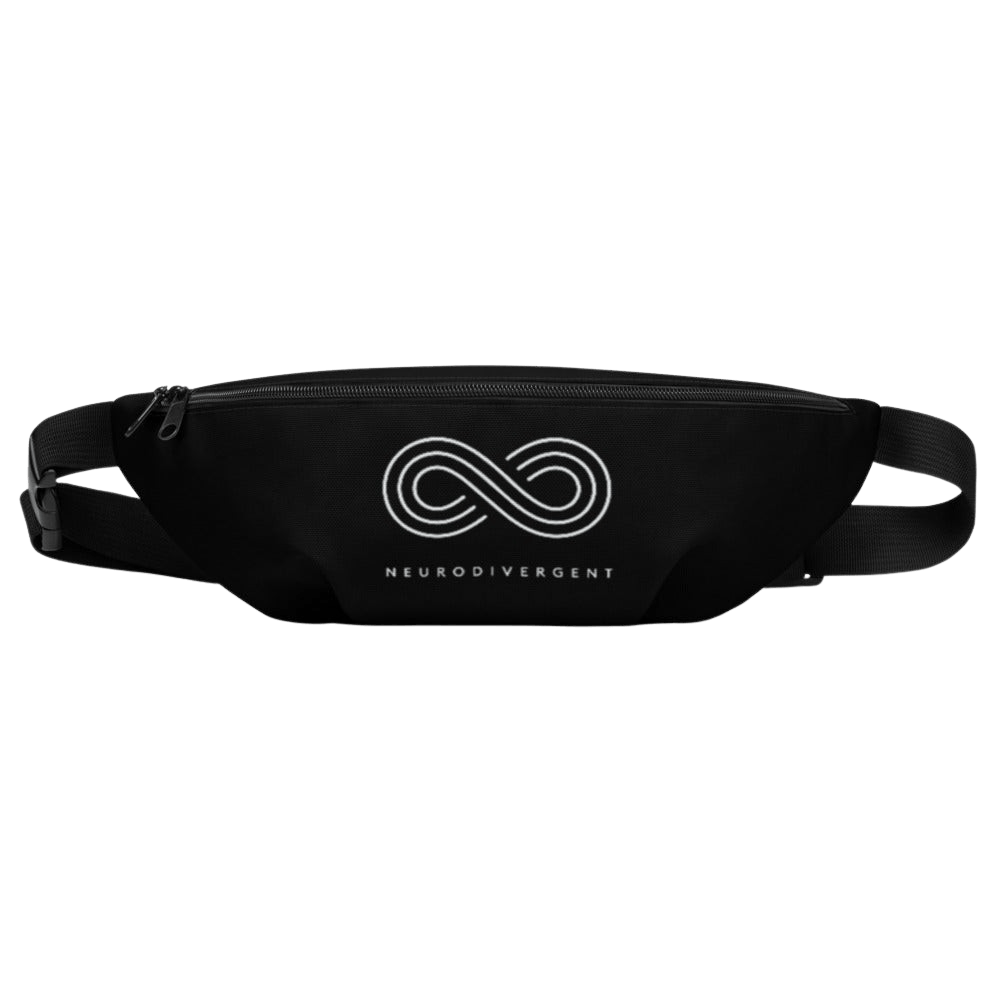 This is a photo of a black Neurodivergent waist bag. On the front of the waist bag is an elegant white infinity symbol consisting of three thin white lines. Just below the symbol is the word Neurodivergent in elegant upper case white letters. 