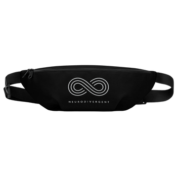 This is a photo of a black Neurodivergent waist bag. On the front of the waist bag is an elegant white infinity symbol consisting of three thin white lines. Just below the symbol is the word Neurodivergent in elegant upper case white letters. 