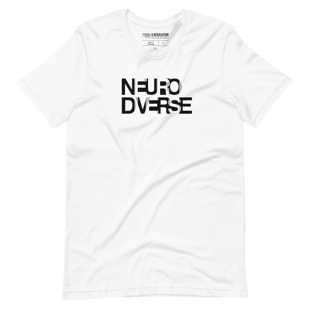 This is a white NeuroDiverse shirt that has the text NEURODIVERSE printed in large alternating black and white letters on the front, taking up about one-third of the shirt surface. 