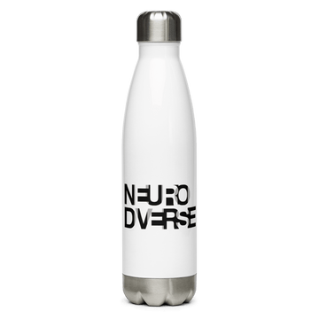 Stainless steel Neurodiverse Water Bottle. The water bottle shows the word NEURODIVERSE printed in repeating black and white alternating letters. The letters are printed in large, uppercase letters that overlap. On the back of the water bottle is the word, URevolution, printed in small black upper case letters.