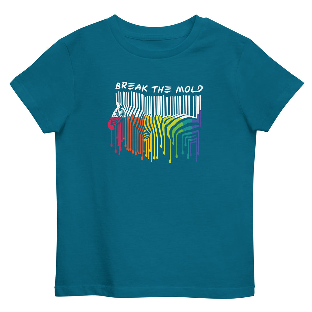 An image of an ocean blue Break the Mold organic short-sleeve tee against a plain background. In the middle of the tee is a graphic of zebra in the silhouette of a barcode. The top half of the zebra are vertical black stripes, which then change just below the back into the colours of the rainbow. The bottom of each stripe has a paint drip mark. Just above the zebra's back is the phrase, in upper case, 'break the mold.'