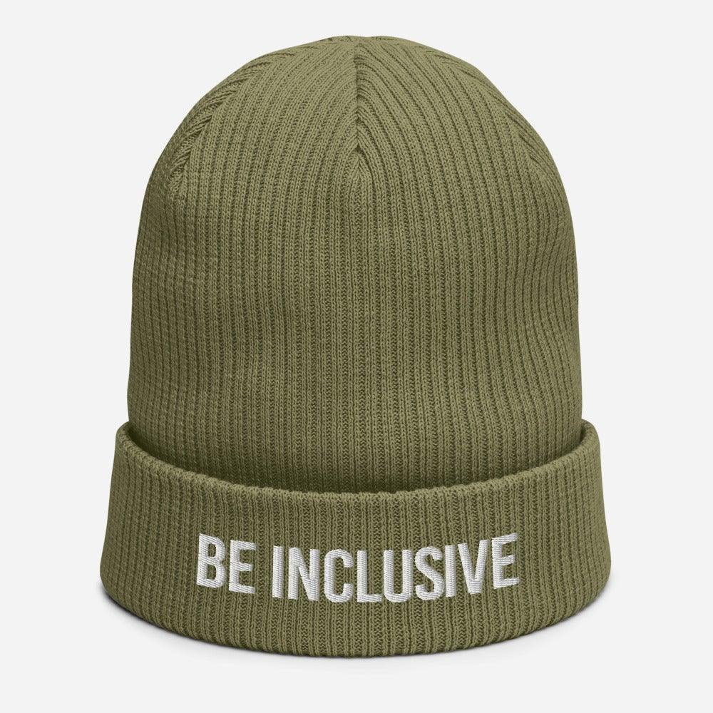 This is a photo of an olive green Be Inclusive organic beanie. The words 'Be Inclusive' are embroidered on the front of the beanie in white upper case letters.