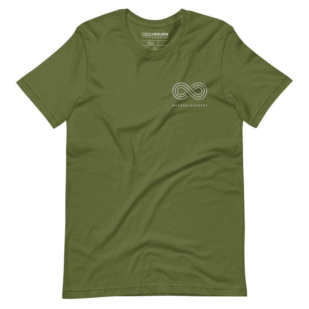 This is a photo of an olive embroidered Neurodivergent Tee. In the top left third of the Neurodivergent Hoodie, there is an elegant white infinity symbol consisting of three interwoven white lines. Under the symbol is the word, 'neurodivergent.'