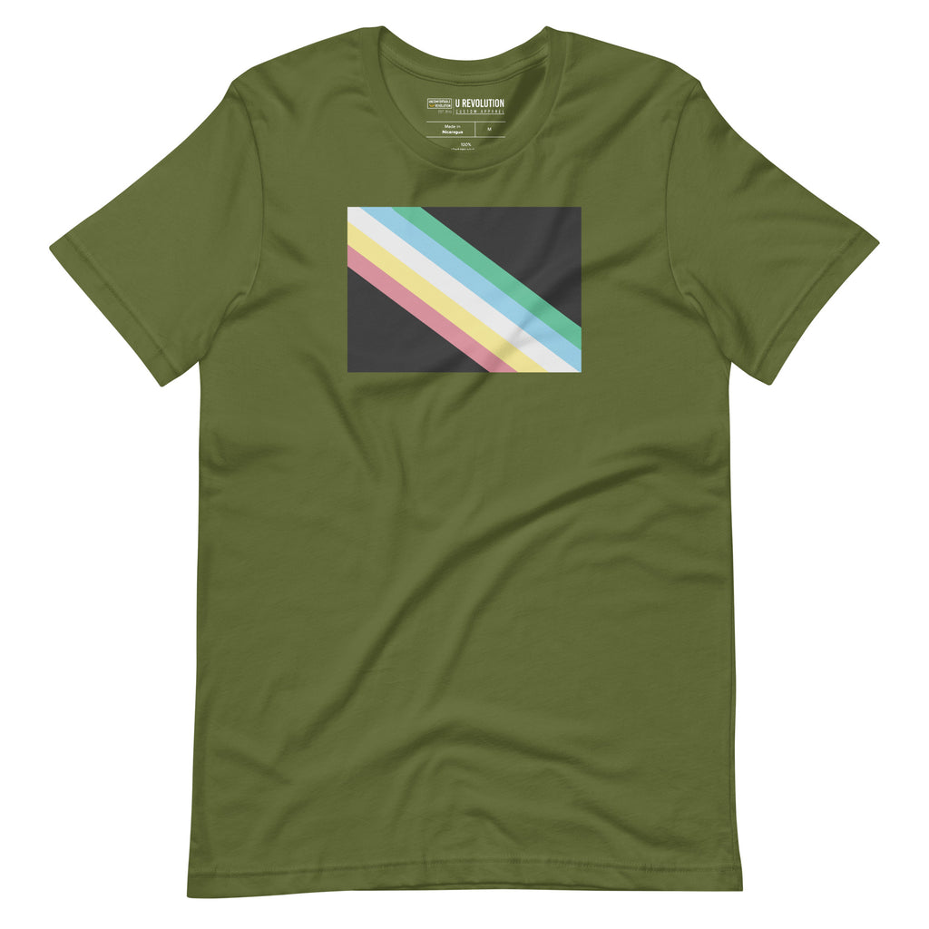 This is an image of a disability pride flag shirt. In the middle of the t-shirt is a dark grey-black background with five diagonal stripes in this order: red, yellow, white, blue, and green (when looking from the bottom up).