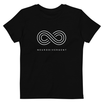 This is a photo of a Premium Neurodivergent Organic Kids Tee. In the middle of the tee is an elegant white infinity symbol consisting of three thin white lines. Just below the infinity symbol is the word Neurodivergent in elegant upper case black letters.