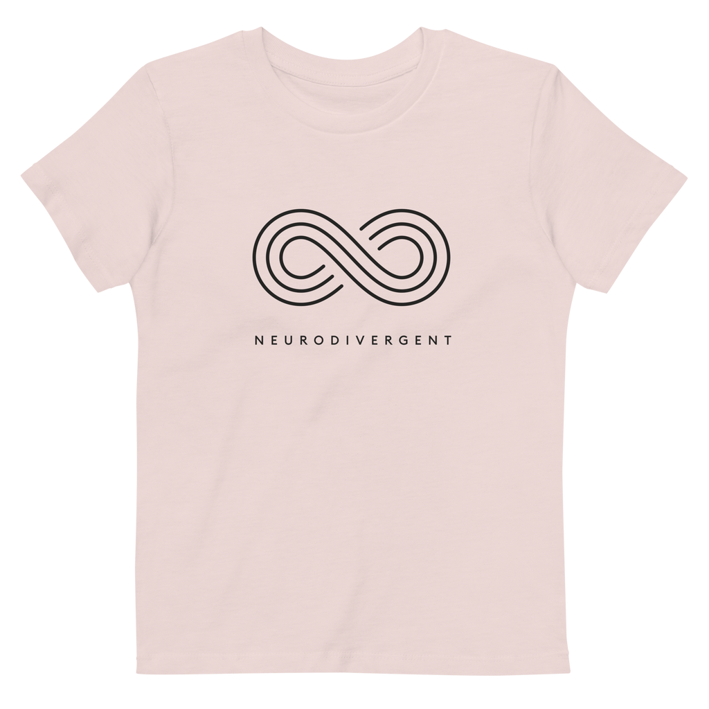 This is a photo of a Premium Neurodivergent Organic Kids Tee. In the middle of the tee is an elegant black infinity symbol consisting of three thin black lines. Just below the infinity symbol is the word Neurodivergent in elegant upper case black let