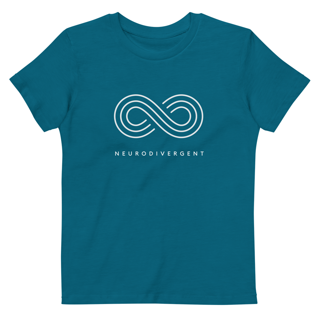 This is a photo of an ocean blue Neurodivergent Organic Kids T-Shirt. In the middle of the tee is an elegant black infinity symbol consisting of three thin white lines. Just below the infinity symbol is the word Neurodivergent in elegant upper case white letters.