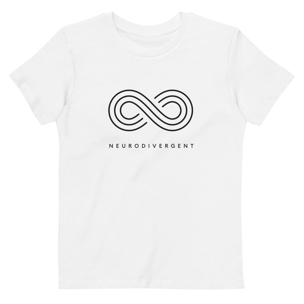 This is a photo of a Premium Neurodivergent Organic Kids Tee. In the middle of the tee is an elegant black infinity symbol consisting of three thin black lines. Just below the infinity symbol is the word Neurodivergent in elegant upper case black letters