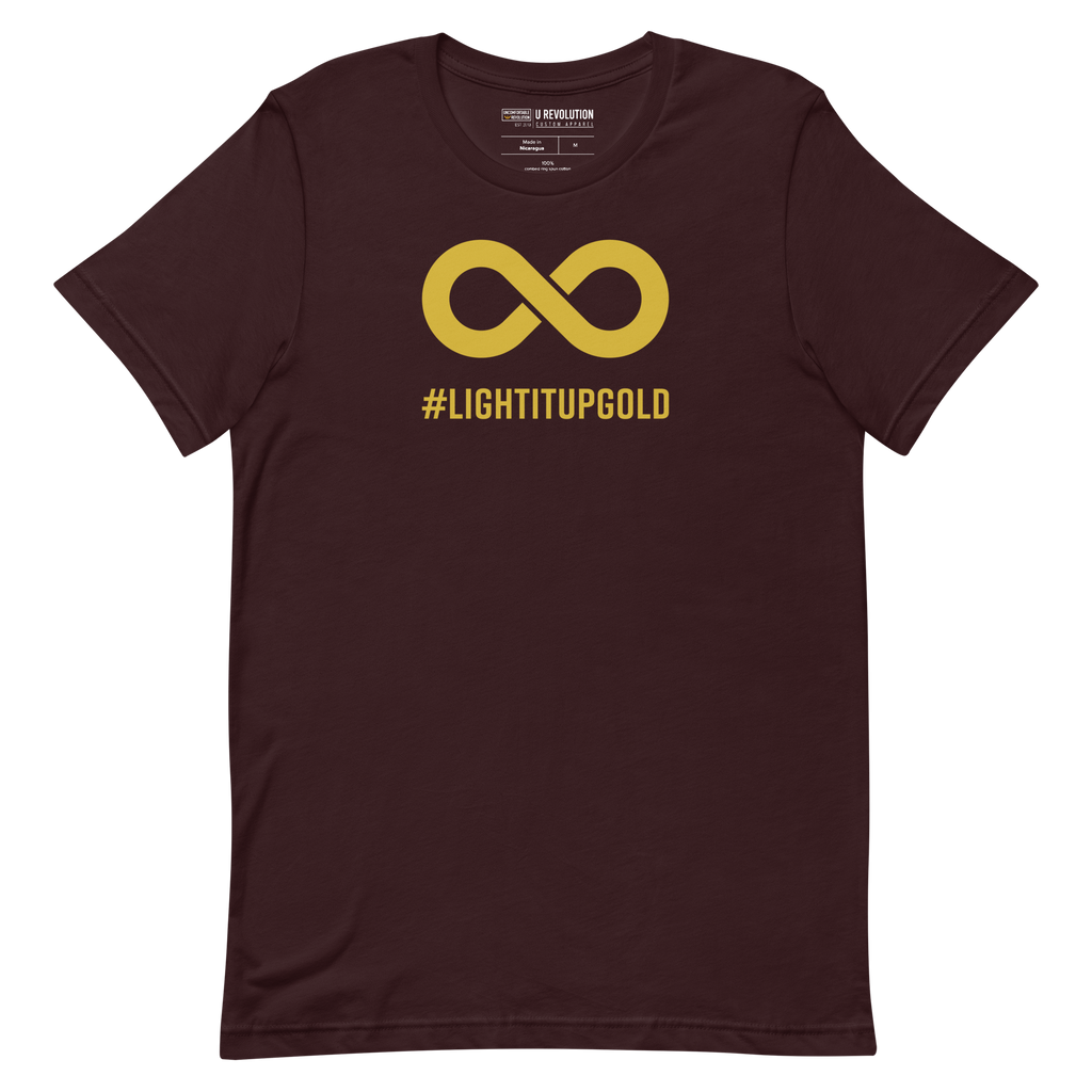 This is a photo of an oxblood black  Light It Up Gold t-shirt. The tee has the word #LightItUpGold printed in large upper case letters beneath a solid line infinity symbol. The symbol and text are colored gold. 