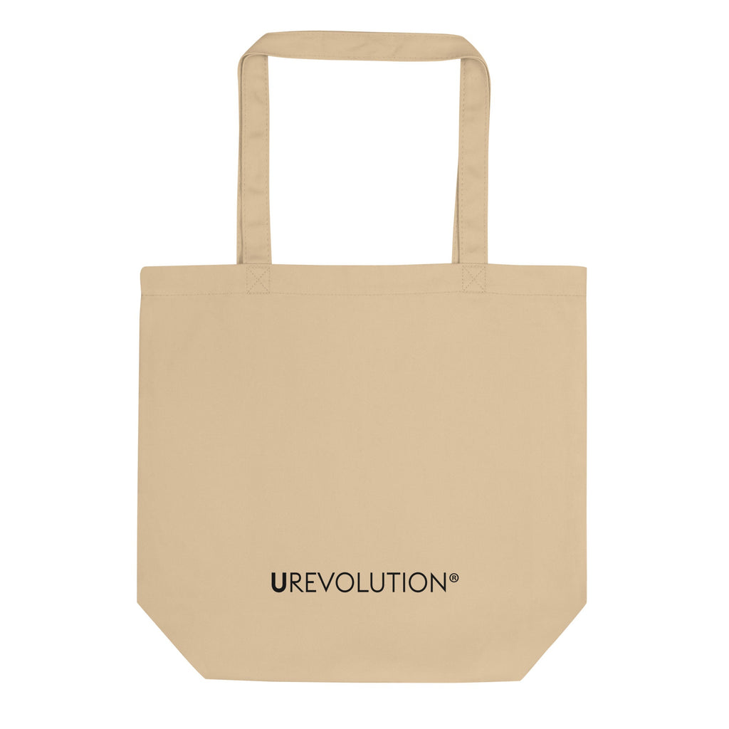 Picture of the back of URevolution's eco-friendly organic Neurodivergent tote bag. At the bottom of the bag the word URevolution is printed in small upper case letters. 
