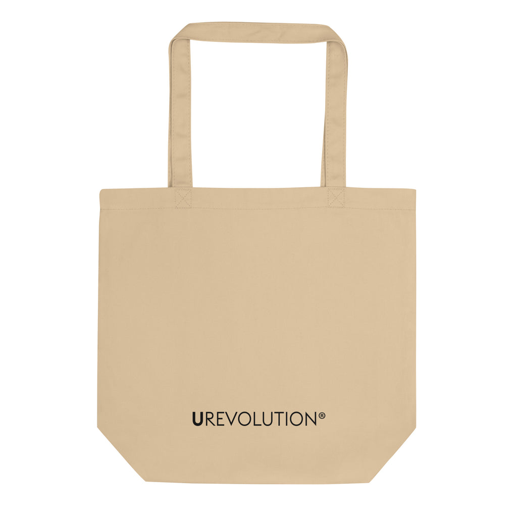 Picture of the back of URevolution's eco-friendly organic Break the Mold tote bag. At the bottom of the bag the word URevolution is printed in small upper case letters. 