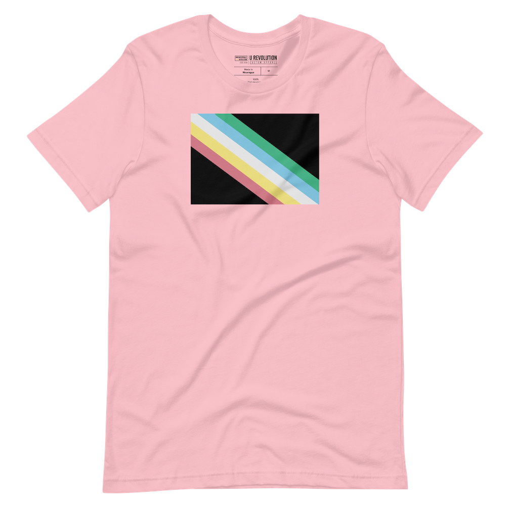 This is an image of a disability pride flag shirt. In the middle of the t-shirt is a dark grey-black background with five diagonal stripes in this order: red, yellow, white, blue, and green (when looking from the bottom up).
