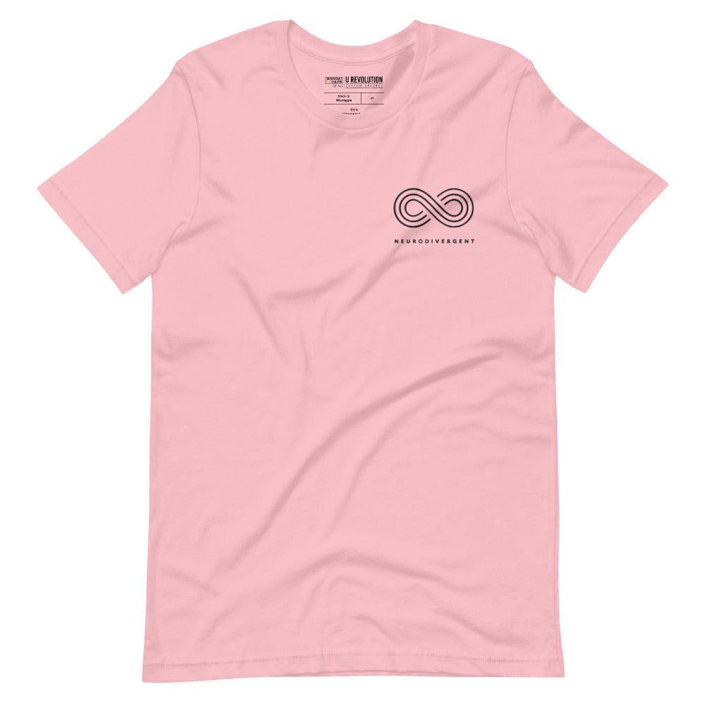 This is a photo of a pink embroidered Neurodivergent Tee. In the top left third of the Neurodivergent Hoodie, there is an elegant black infinity symbol consisting of three interwoven white lines. Under the symbol is the word, 'neurodivergent.'