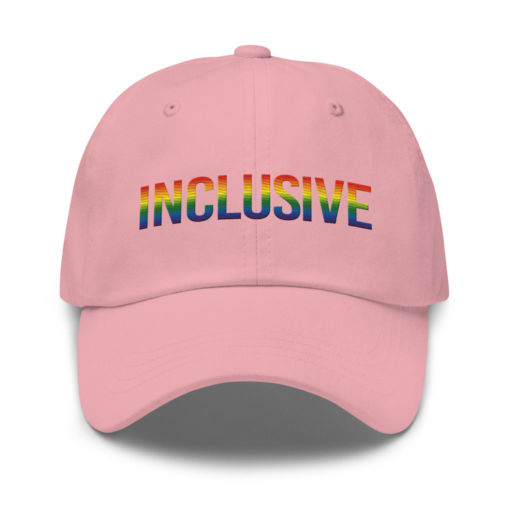 Pink inclusive gay pride baseball cap with the word 'inclusive' embroidered in the front middle of the cap in upper case LGBT pride colors. 