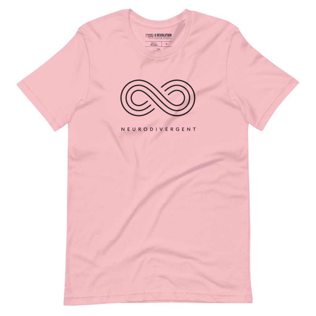 A pink neurodivergent shirt against a plain background. In the top 1/3 of the neurodivergent shirt is an elegant black infinity symbol consisting of three thin white lines. Just below the infinity symbol is the word Neurodivergent in elegant upper case black letters.