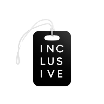 This is a photo of a black rectangle inclusive luggage tag against a plain background. The luggage tag has the word 'inclusive' in the middle of the tag in white upper case letters over 3 lines, with 3 letters on each line: INC LUS IVE. 