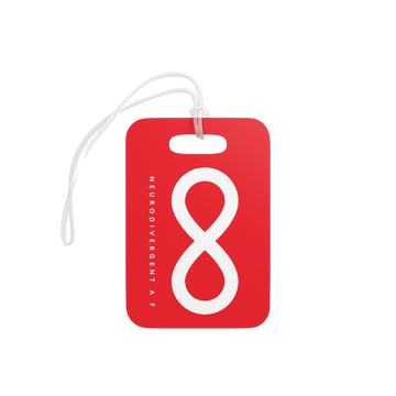 Red Neurodivergent AF  Luggage Tags. This is a photo of URevolution's bright rectangle red Neurodiversity AF luggage tag. In the middle of the tag, there is a thick white infinity symbol. Under the symbol is the phrase, 'neurodivergent a f.'