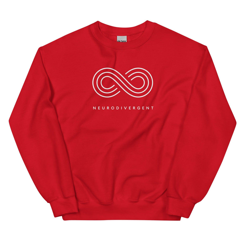 This is a photo of a red neurodivergent sweatshirt. In the top middle third of the sweatshirt is an elegant white infinity symbol consisting of three thin white lines. Just below the symbol is the word Neurodivergent in elegant upper case white letters.