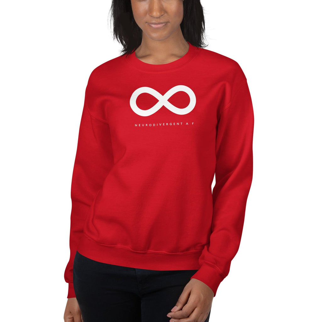 Red Neurodivergent AF sweatshirt. There is a white infinity symbol in the top third of the Neurodivergent AF sweatshirt. Under the symbol is the phrase, 'Neurodivergent AF,' in white upper case letters.  The sweatshirt is worn by a female model with only her torso visible.