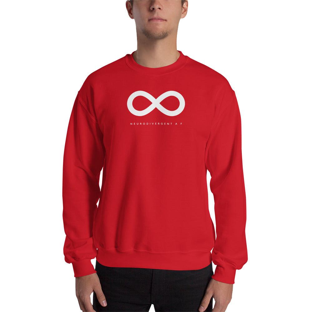 Red Neurodivergent AF sweatshirt. There is a white infinity symbol in the top third of the Neurodivergent AF sweatshirt. Under the symbol is the phrase, 'Neurodivergent AF,' in white upper case letters. The sweatshirt is worn by a male model with only his torso visible.