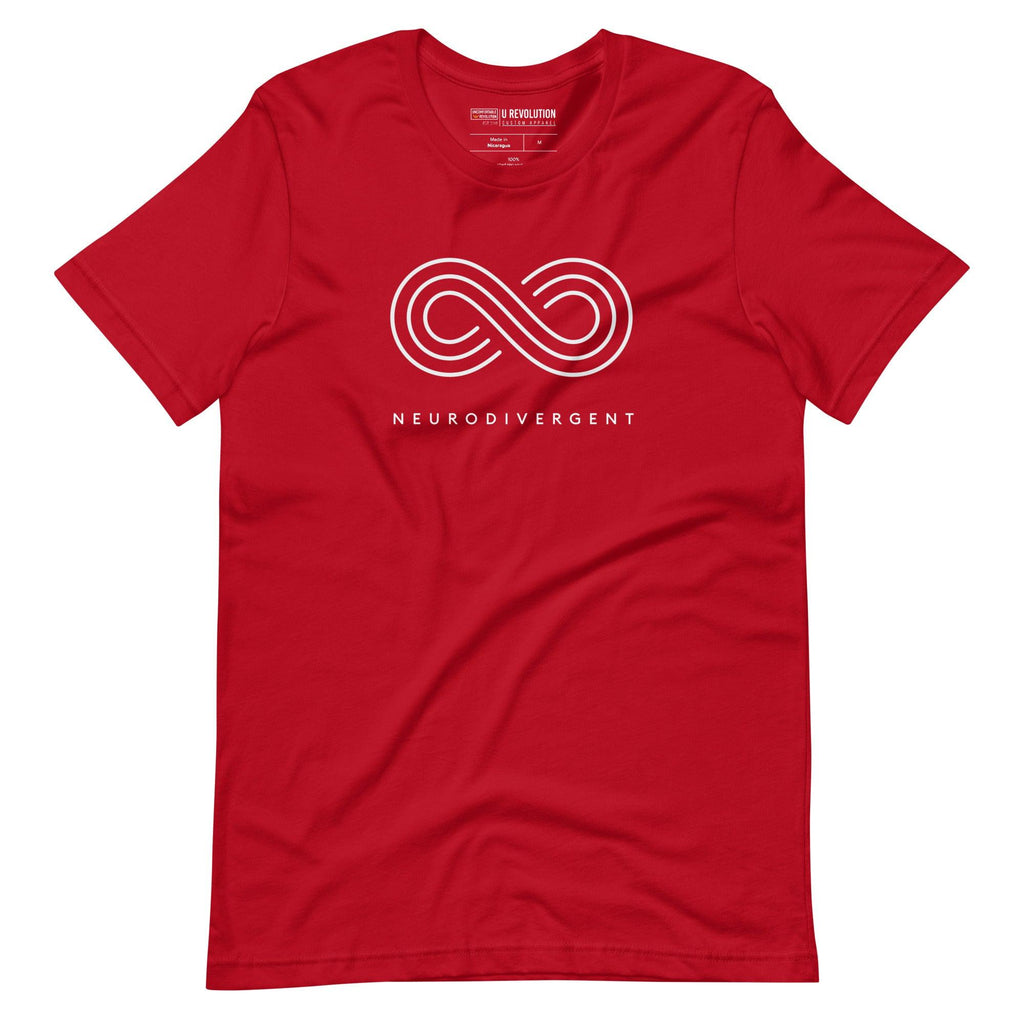 Red neurodivergent shirt against a plain background. In the top 1/3 of the neurodivergent shirt is an elegant white infinity symbol consisting of three thin white lines. Just below the infinity symbol is the word Neurodivergent in elegant upper case white letters.
