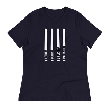 A navy-colored J.E.D.I justice equity diversity inclusion relaxed tee with four stylized horizontal white "JEDI" like laser swords. In each sword handle, one word is embedded: justice, equity, diversity, and inclusion in white upper case letters. 