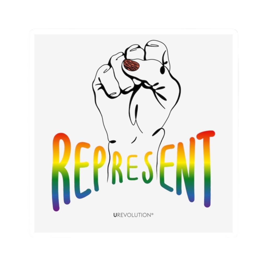Photo of a square off-white Represent Pride Magnet. In the middle of the represent pride magnet is a black line drawing of a raised clenched fist, with the handwritten word "represent," written in blended upper case rainbow pride colors:  red, orange, yellow, green, indigo, and violet. Under the fist, at the bottom of the magnet, is the word URevolution in small black upper case letters.