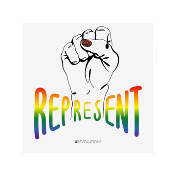 Photo of a square off-white Represent Pride Magnet. In the middle of the represent pride magnet is a black line drawing of a raised clenched fist, with the handwritten word "represent," written in blended upper case rainbow pride colors:  red, orange, yellow, green, indigo, and violet. Under the fist, at the bottom of the magnet, is the word URevolution in small black upper case letters.