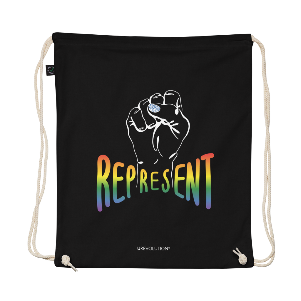 Photo of a black organic Represent Pride drawstring bag. In the middle of the represent pride bag is a white line drawing of a raised clenched fist, with the handwritten word "represent," written in blended upper case rainbow pride colors:  red, orange, yellow, green, indigo, and violet. Under the fist, at the bottom of the magnet, is the word URevolution in small black upper case letters.