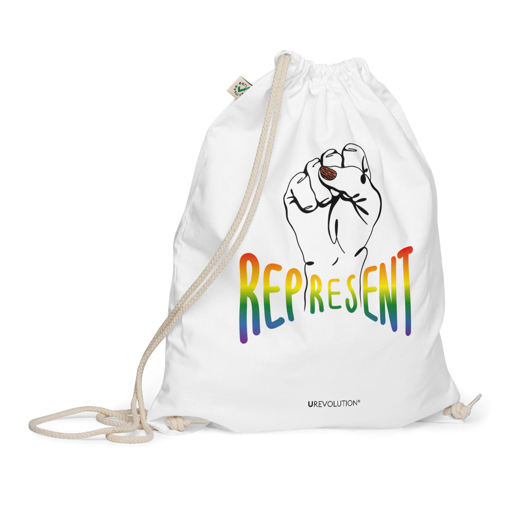 Photo of a white organic Represent Pride drawstring bag. In the middle of the represent pride bag is a black line drawing of a raised clenched fist, with the handwritten word "represent," written in blended upper case rainbow pride colors:  red, orange, yellow, green, indigo, and violet. Under the fist, at the bottom of the magnet, is the word URevolution in small black upper case letters.