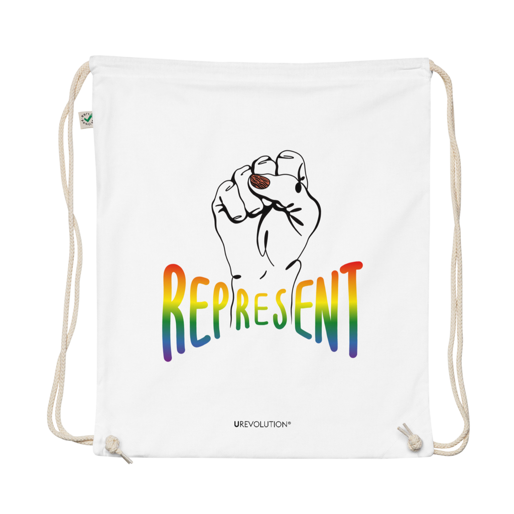 Photo of a white organic Represent Pride drawstring bag. In the middle of the represent pride bag is a black line drawing of a raised clenched fist, with the handwritten word "represent," written in blended upper case rainbow pride colors:  red, orange, yellow, green, indigo, and violet. Under the fist, at the bottom of the magnet, is the word URevolution in small black upper case letters.