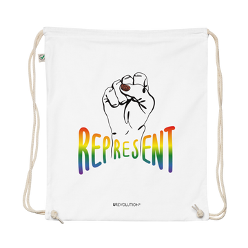 Photo of a white organic Represent Pride drawstring bag. In the middle of the represent pride bag is a black line drawing of a raised clenched fist, with the handwritten word "represent," written in blended upper case rainbow pride colors:  red, orange, yellow, green, indigo, and violet. Under the fist, at the bottom of the magnet, is the word URevolution in small black upper case letters.