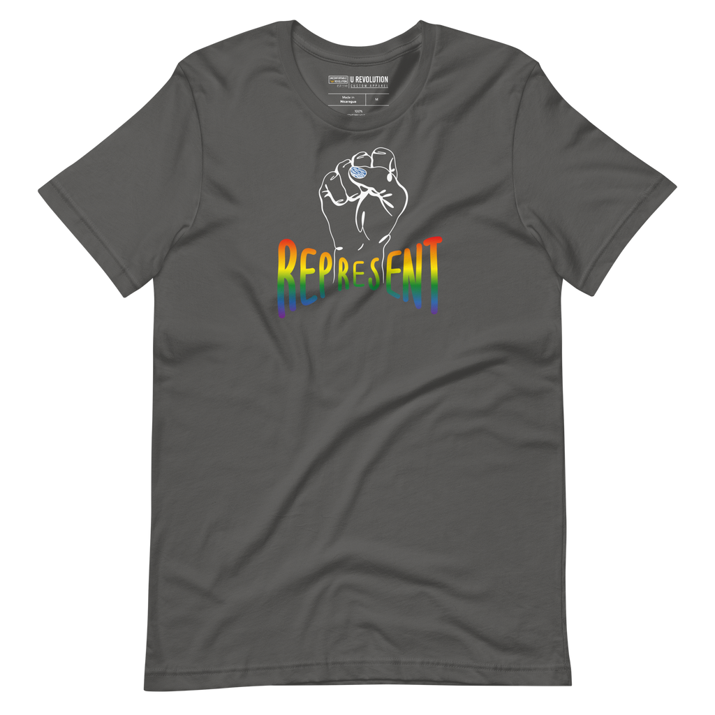 Asphalt Represent Pride T-shirt. In the middle of the represent pride tee is a black line drawing of a raised clenched fist, with the handwritten word "represent," written in blended upper case rainbow pride colors: red, orange, yellow, green, indigo, and violet.