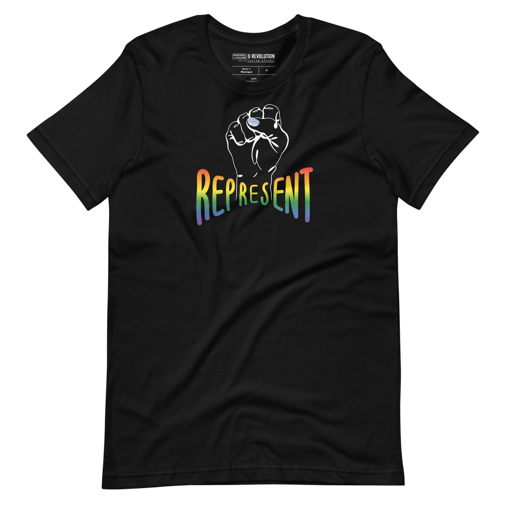 Black Represent Pride T-shirt. In the middle of the represent pride tee is a black line drawing of a raised clenched fist, with the handwritten word "represent," written in blended upper case rainbow pride colors: red, orange, yellow, green, indigo, and violet.