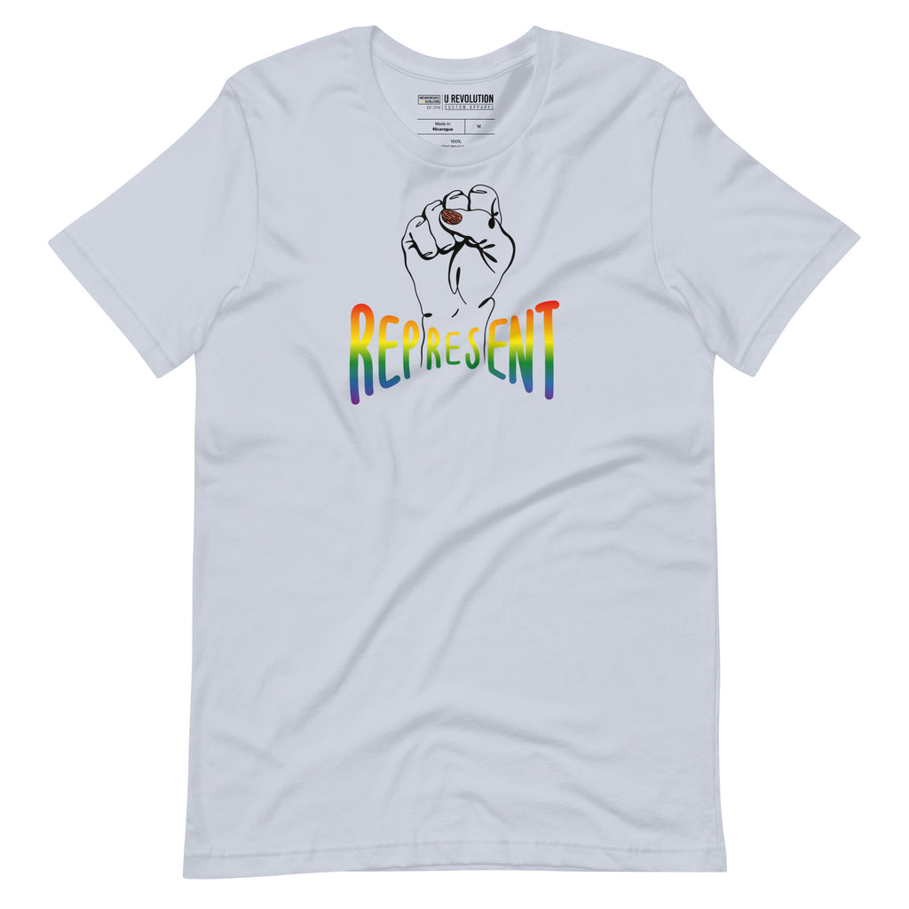 Light blue Represent Pride T-shirt. In the middle of the represent pride tee is a black line drawing of a raised clenched fist, with the handwritten word "represent," written in blended upper case rainbow pride colors: red, orange, yellow, green, indigo, and violet.