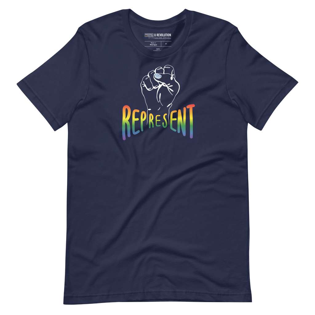 Navy Represent Pride T-shirt. In the middle of the represent pride tee is a black line drawing of a raised clenched fist, with the handwritten word "represent," written in blended upper case rainbow pride colors: red, orange, yellow, green, indigo, and violet.