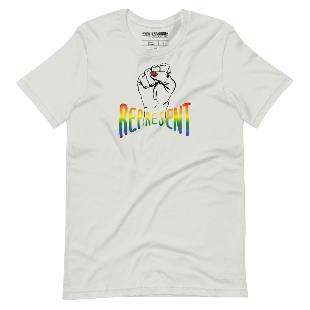 Silver Represent Pride T-shirt. In the middle of the represent pride tee is a black line drawing of a raised clenched fist, with the handwritten word "represent," written in blended upper case rainbow pride colors: red, orange, yellow, green, indigo, and violet.