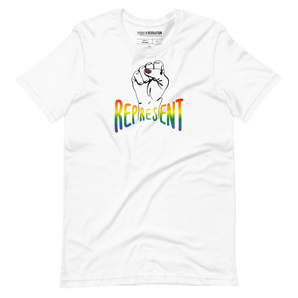 White Represent Pride T-shirt. In the middle of the represent pride tee is a black line drawing of a raised clenched fist, with the handwritten word "represent," written in blended upper case rainbow pride colors: red, orange, yellow, green, indigo, and violet.